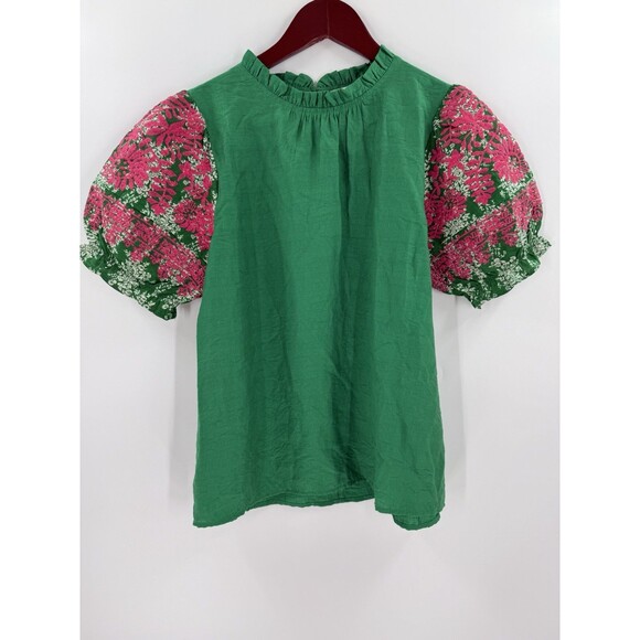 THML Embroidered Puff Sleeve Top Ruffle Neck Button Back Green Pink SMALL EUC - Picture 7 of 13